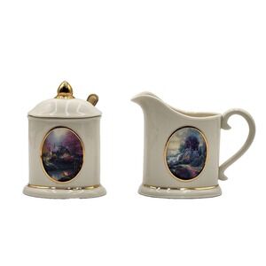 Thomas Kinkade Avon China Creamer Sugar Bowl Spoon Set Gold Trim 2005